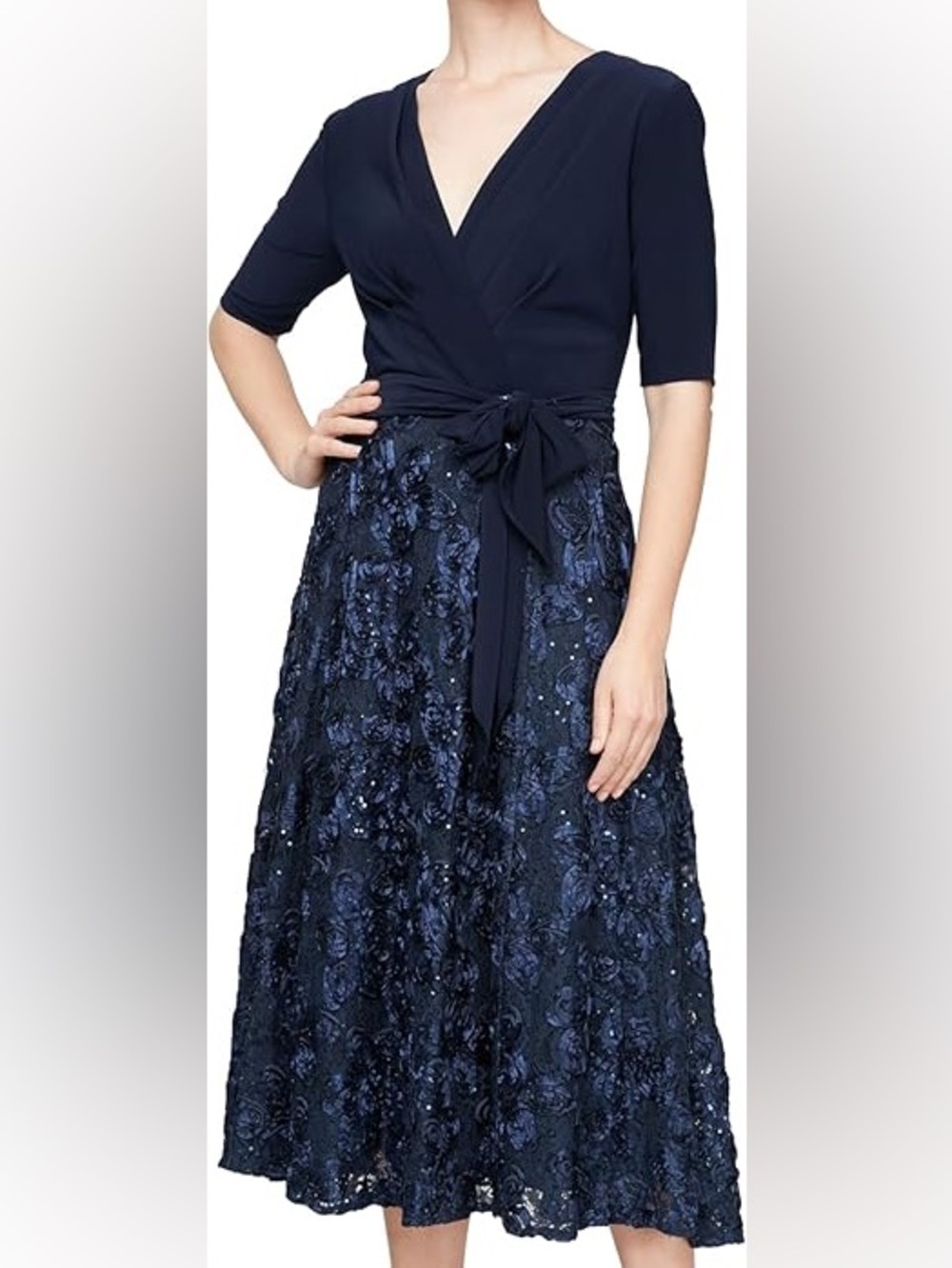 NWT Alex Evenings Navy Evening Midi Dress with floral skirt Size 6